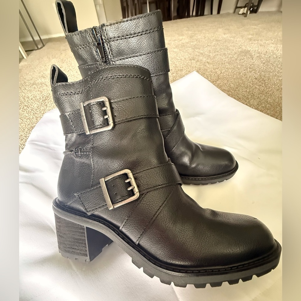 Zodiac Black Buckle Leather Mid-Calf Heeled Boots